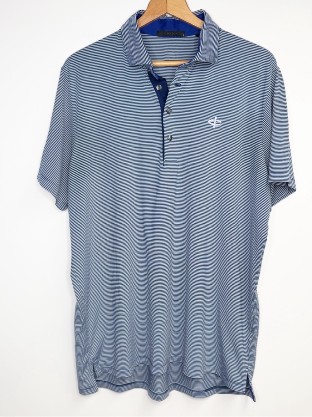 GREYSON MENS L DRI FIT GOLF POLO SHORT SLEEVE SHIRT BLUE STRIPE